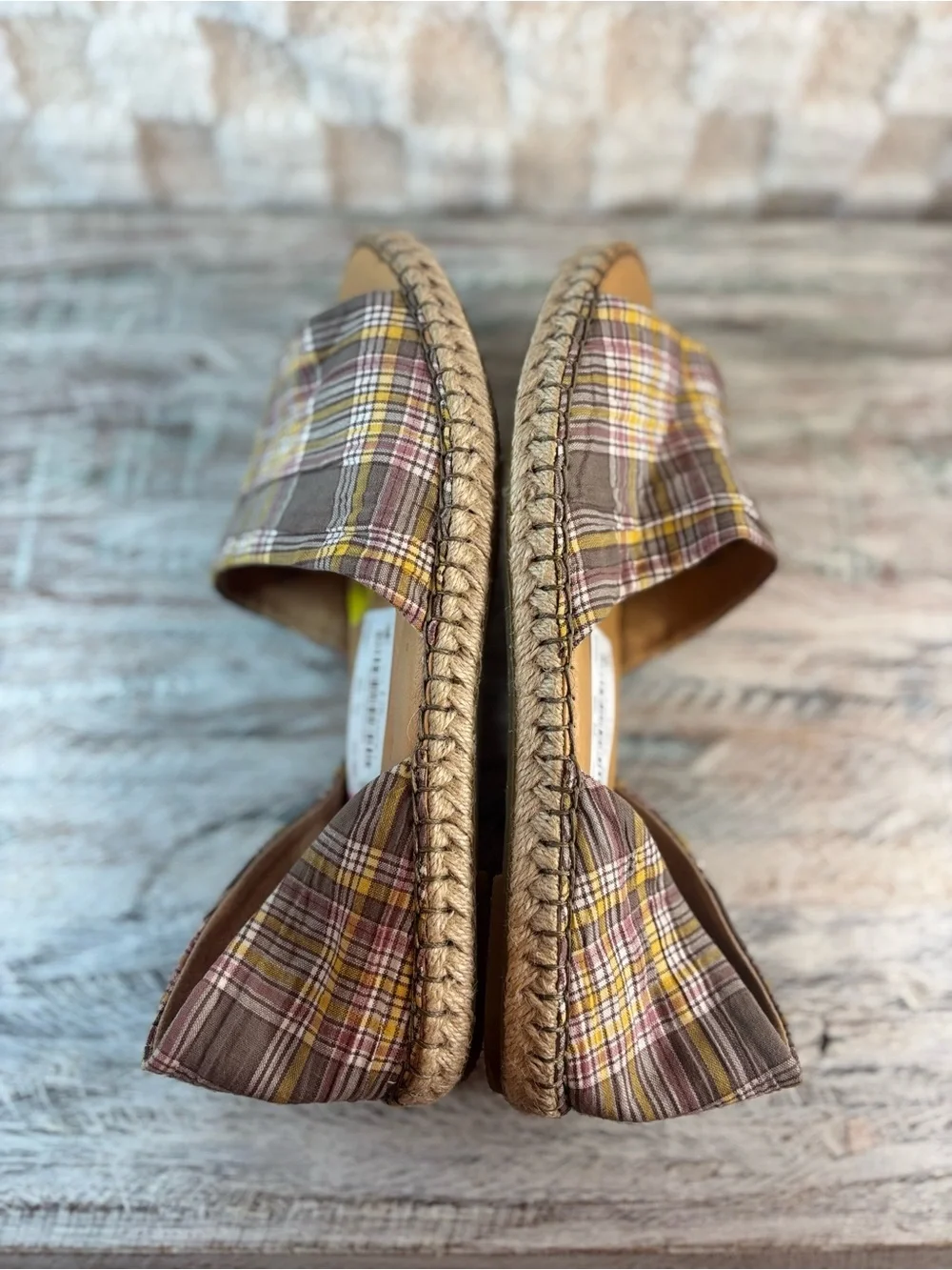 Born Seak Slip on Women’s Plaid Peep-Toe Espadrille Sandals - Yellow/Brown